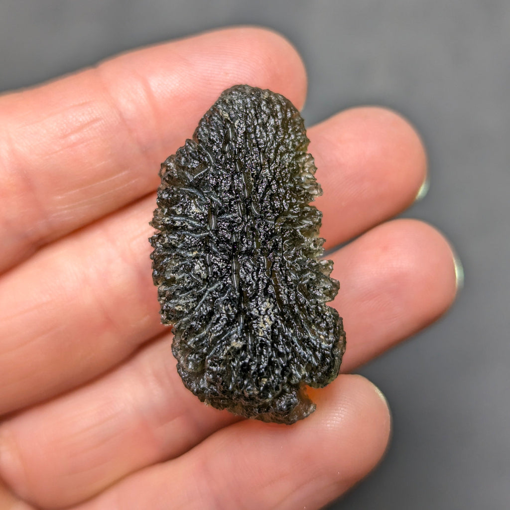 Natural Moldavite from the Olešnice locality weighing 11.82 g with elongated form, deep sharply sculpted texture, pronounced central groove, radiating relief structure and preserved natural surface - back side.