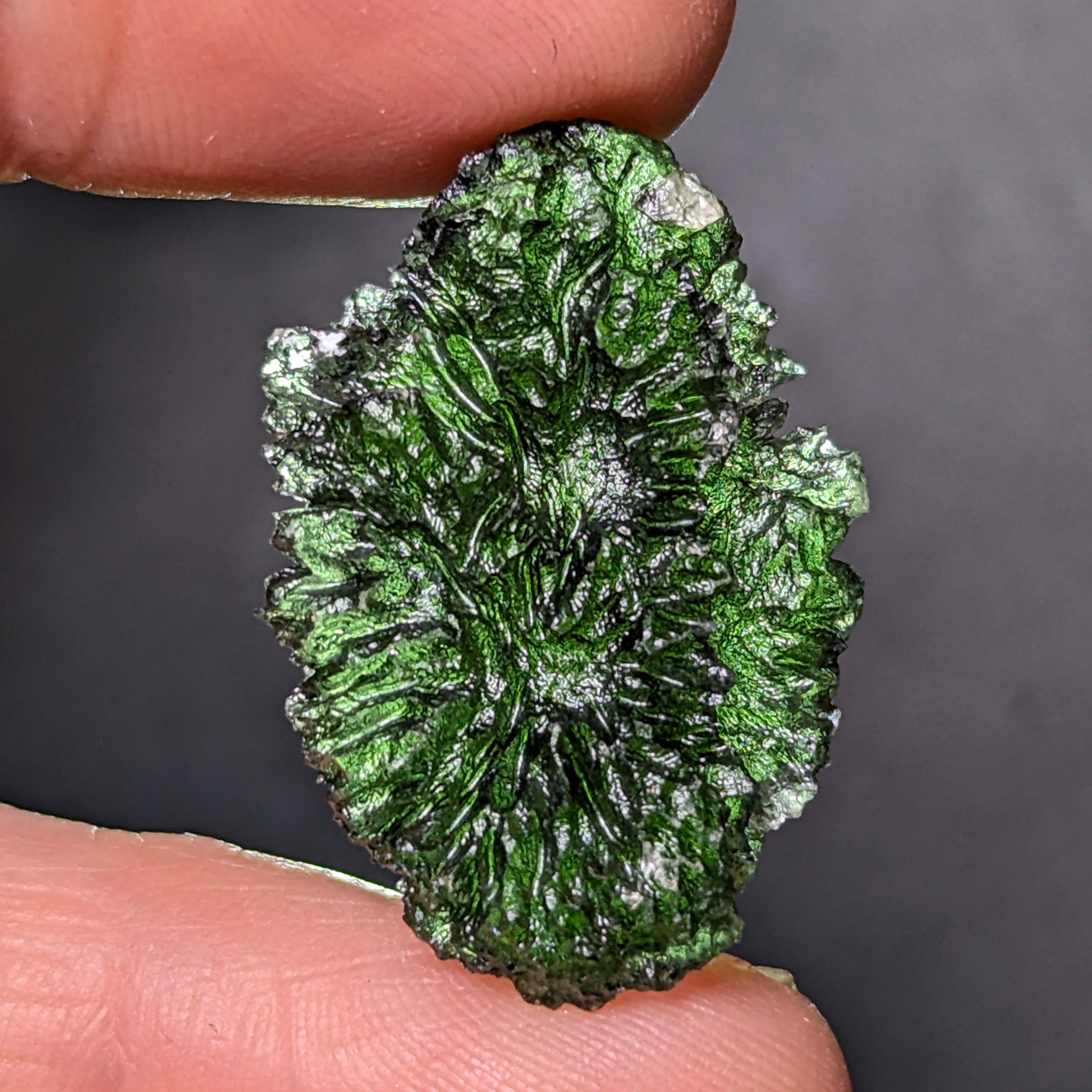 Natural Moldavite from the Olešnice locality weighing 5.67 g with egg-shaped form, deep sharply textured sculpture, rich green translucency and preserved natural surface - back side, backlight.