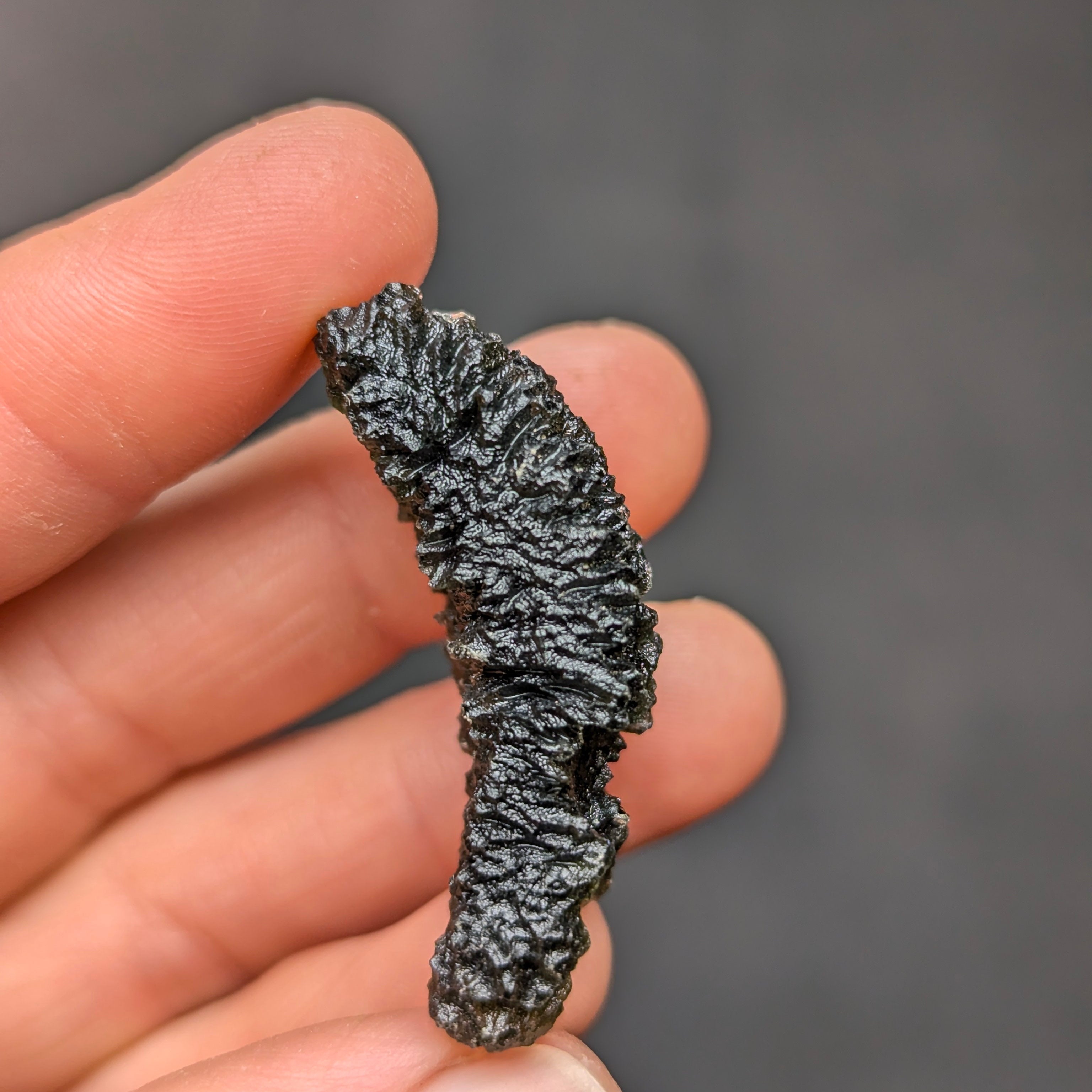 Natural Maly Chlum moldavite weighing 10.8 g with deep sculptation, intricate fern-like texture, sharp radial surface detail, and vivid olive-green translucency -side view.