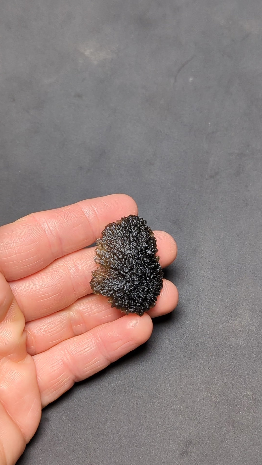 Natural Moldavite from the Olešnice locality with deep sharply sculpted texture, pronounced grooves, complex relief and contrasting green translucency in hand - video.
