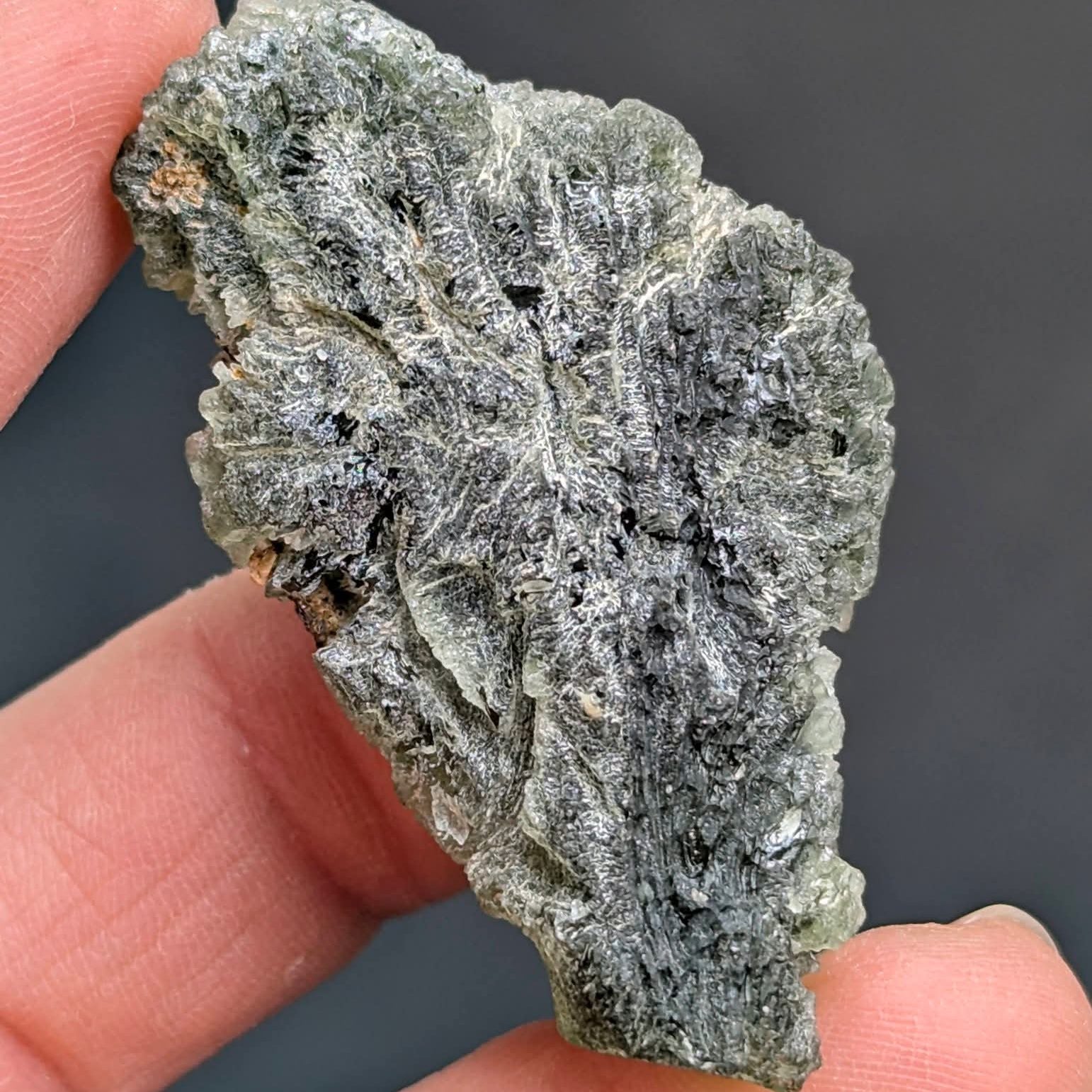 Natural Brusná moldavite 15.67 g with frosty velvet surface (pyramidal micro-sculpting) and sculpted broccoli-like - texture - front view.