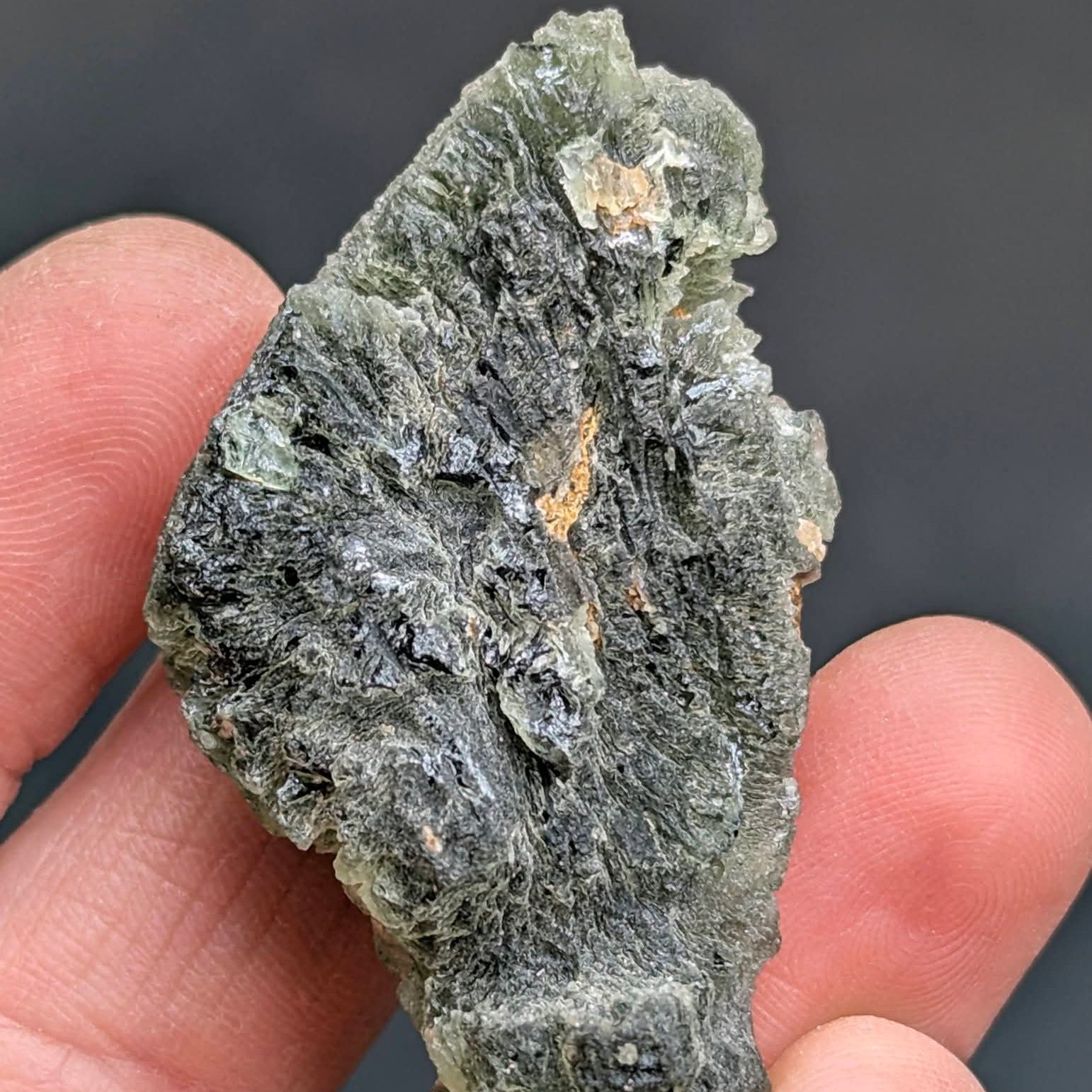 Natural Brusná moldavite with frosty velvet surface (pyramidal micro-sculpting) and sculpted broccoli-like - texture -back side.