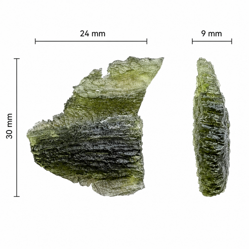 Natural Brusná 4.29 g - moldavite with rare layered sculpture, olive-green translucent glass and distinctive textured surface, scale.