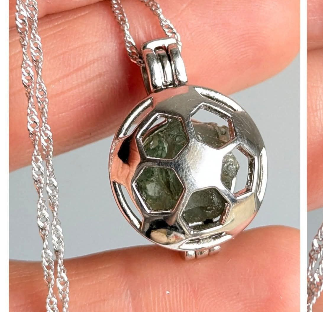 Ag 925 sterling silver necklace with natural light green Brusná 4.37 g moldavite in silver cage pendant  - front view.
