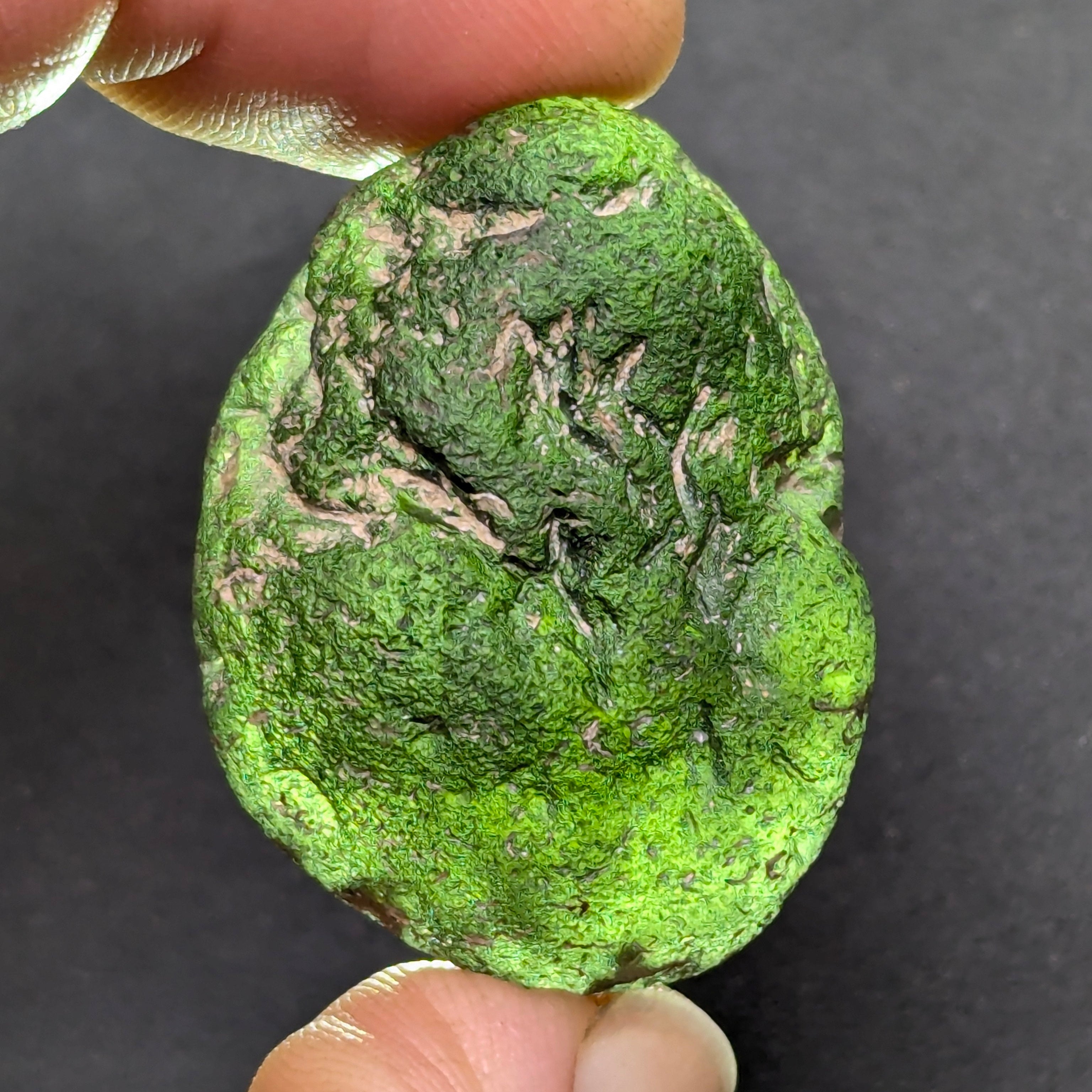Olive green moldavite 12.5g from Zliv, oval shape with clay residues, front view, backlight.