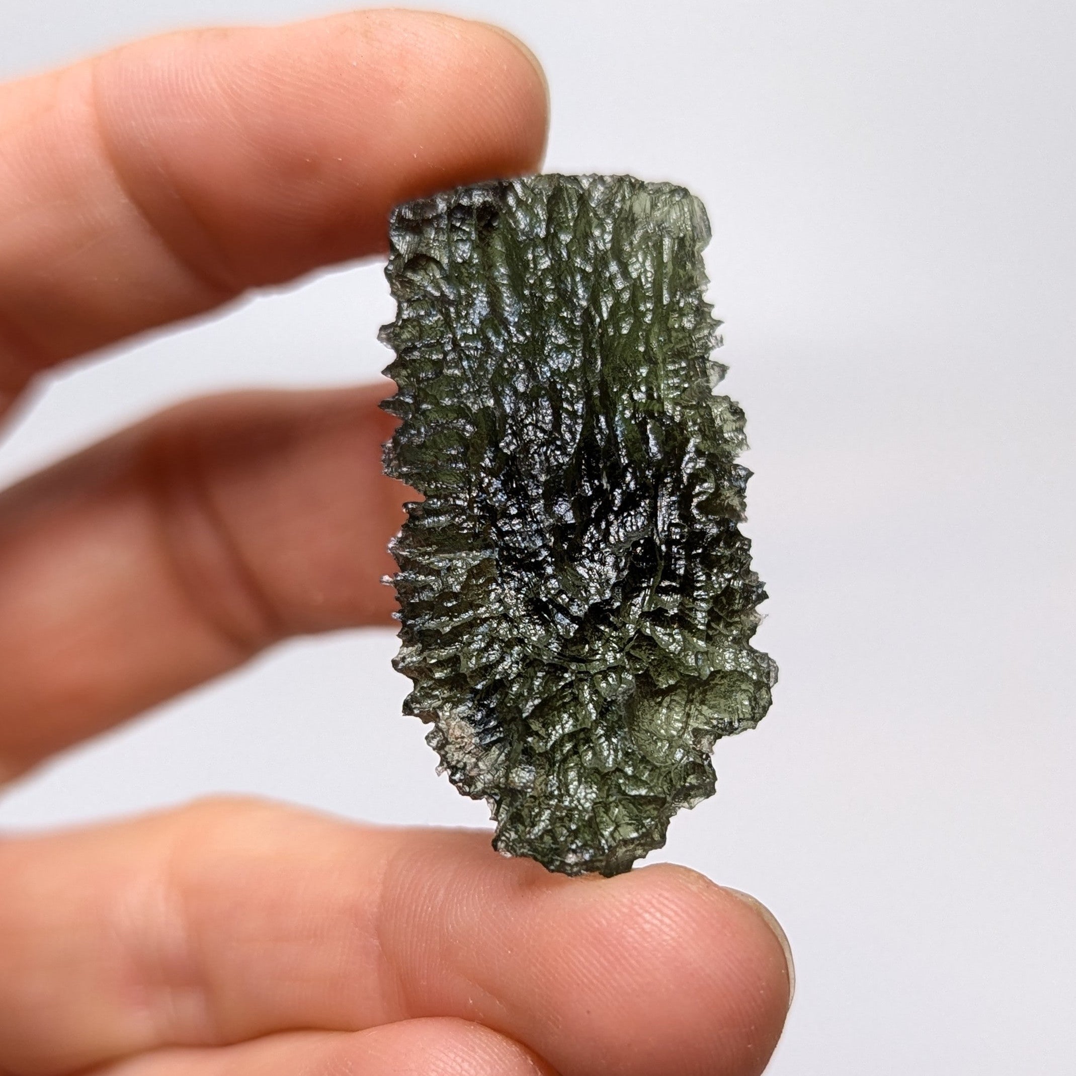 Natural Moldavite from the Dobrovská Lhotka – Bažina locality with rich sculpture, serrated edges, saturated olive green color and pronounced surface texture in hand - back side.