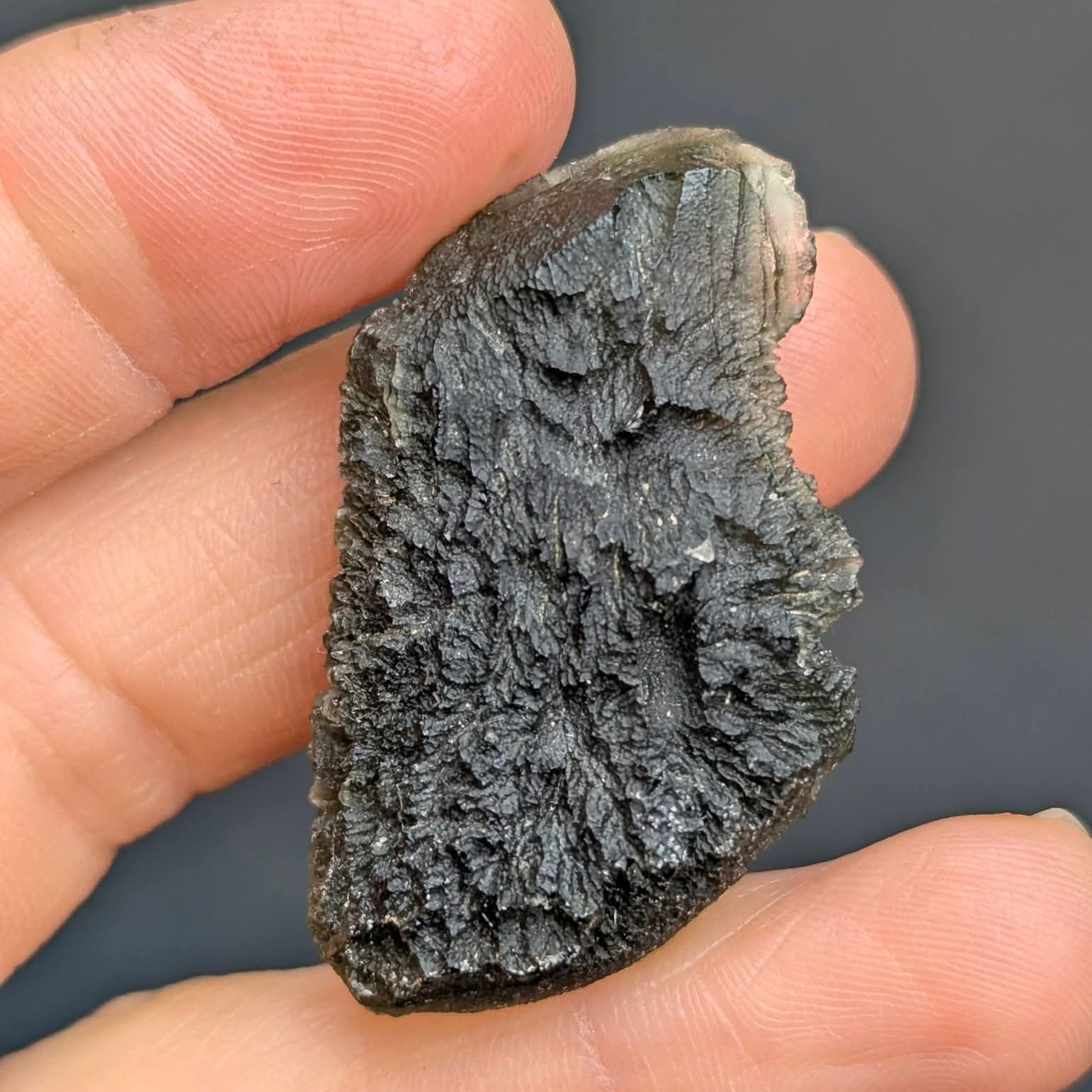 Natural Brusná 10.33 g moldavite with pronounced radial sculpture, deep textured relief and olive-green translucency, back side. 
