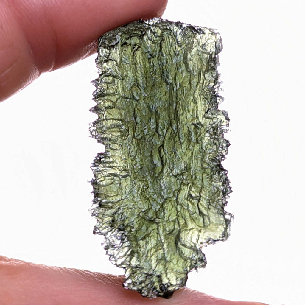 Natural Moldavite from the Dobrovská Lhotka – Bažina locality with rich sculpture, serrated edges, saturated olive green color and pronounced surface texture in hand - back side, natural transluency.