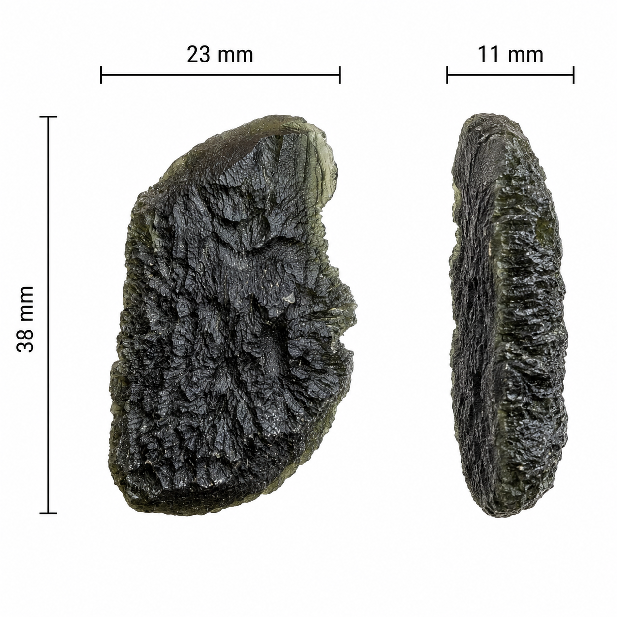 Natural Brusná 10.33 g moldavite with pronounced radial sculpture, deep textured relief and olive-green translucency, scale. 