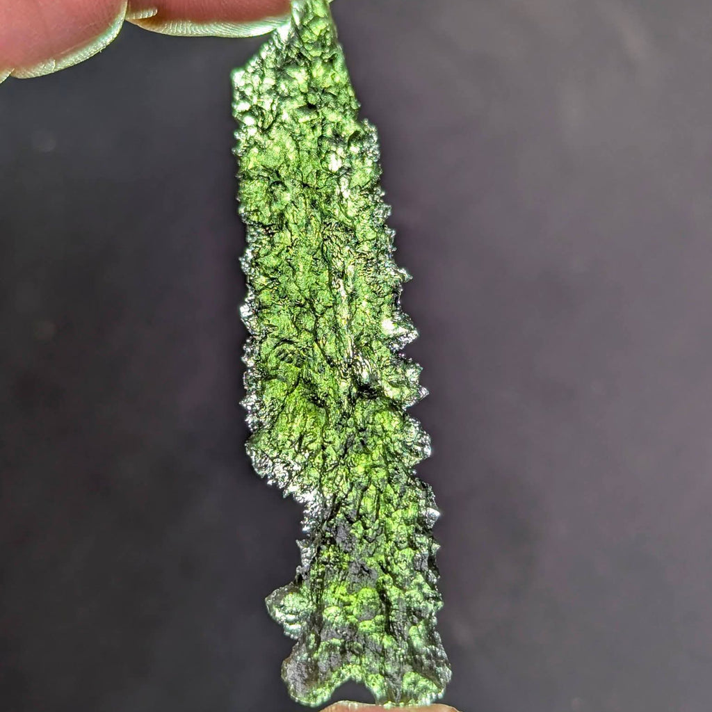 Natural collector moldavite from Dobrkovská Lhotka – Bažina 5.19 g with deep sculptation, elongated shape, and dark olive green color, photographed between fingers - front view, backlight.