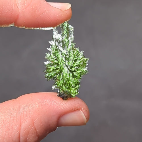 Natural Moldavite from the Besednice Ježkovna locality with sharp hedgehog sculpture, pronounced spikes and authentic natural relief. Weight 2.35 g - back side, backlight.