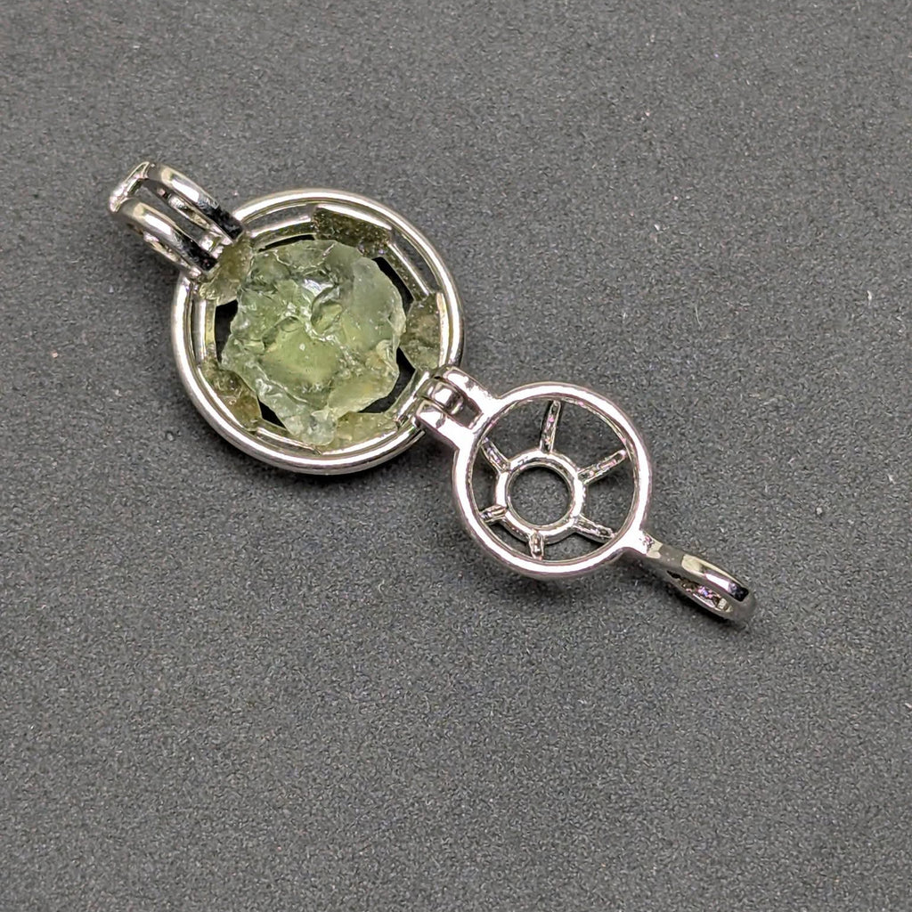 Ag 925 sterling silver necklace with natural light green Brusná 4.37 g moldavite in silver cage pendant  - sample of an open pendant.